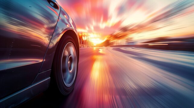 Capture a moving vehicle on the road with a slower shutter speed to create a motion blur effect, adding a sense of dynamism to the tranquil sunset scene. --