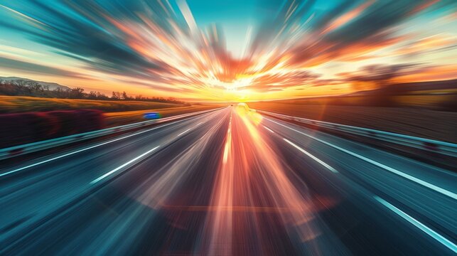 Capture a moving vehicle on the road with a slower shutter speed to create a motion blur effect, adding a sense of dynamism to the tranquil sunset scene. -