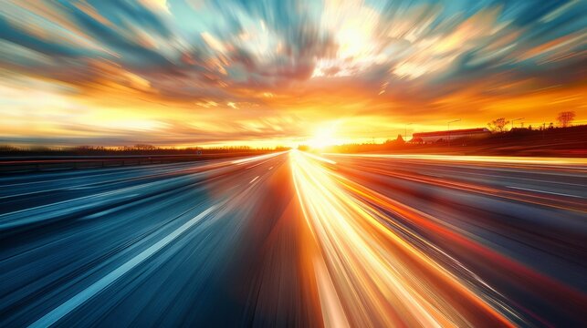 Capture a moving vehicle on the road with a slower shutter speed to create a motion blur effect, adding a sense of dynamism to the tranquil sunset scene. -