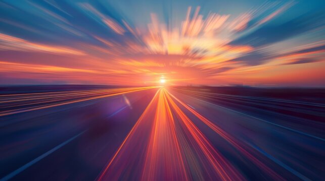 Capture a moving vehicle on the road with a slower shutter speed to create a motion blur effect, adding a sense of dynamism to the tranquil sunset scene. -