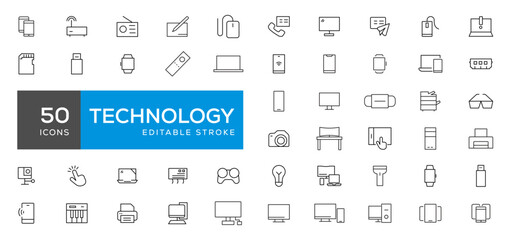 Device and technology line icon set. Electronic devices and gadgets, computer, equipment and electronics. Computer monitor, smartphone, tablet and laptop simple icon collections
