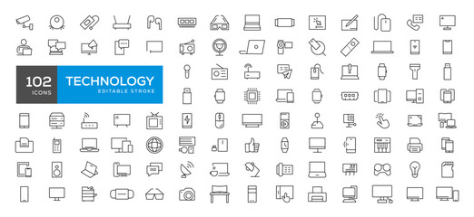 Device and technology line icon set. Electronic devices and gadgets, computer, equipment and electronics. Computer monitor, smartphone, tablet and laptop simple icon collections