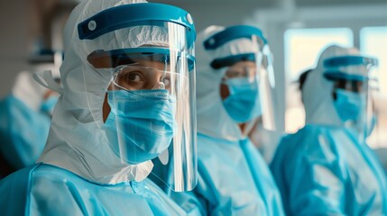A group of doctors in protective gear are standing in a hospital. They are wearing face masks, goggles, and gloves.