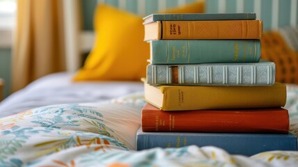Bright, colorful books rest on a bedside table, inviting readers to explore their pages in a cheerful, sunlit bedroom