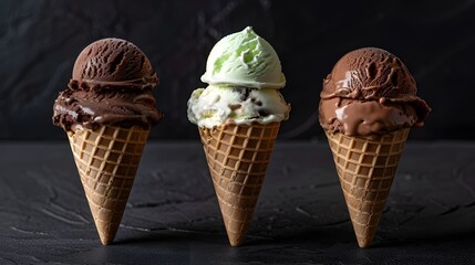 Delicious three flavor vanilla ice cream, triple Ice cream cones with chocolate, ice cream cone on dark background.