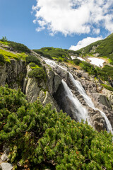 Mountain landscape with waterfall in Tatra Mountains, Poland. The largest waterfall in Poland, Wielka Siklawa. The world of beauty.