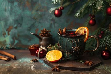 Cozy Winter Still Life with Mulled Wine, Dried Orange Slices, Apples, and Christmas Decorations