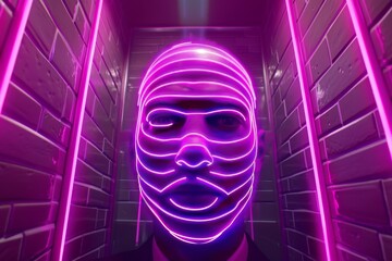 Neon face sculpture futuristic hallway cyber aesthetics sci fi art digital innovation high tech design glowing neon cyberpunk theme AI art
