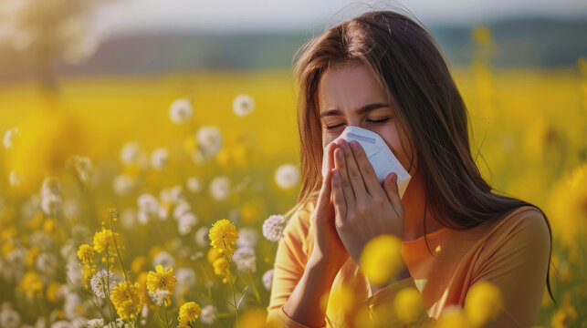 Allergist and Immunologist's Day. the girl is allergic to pollen. A woman in a field with flowers covers her nose