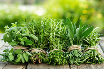 Harvested bunches of fresh herbs like rosemary, thyme, and sage tied with twine