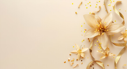 Obraz premium Elegant Beige Flower with Golden Ribbons and Sparkling Confetti on a Neutral Background for Festive and Decorative Celebrations
