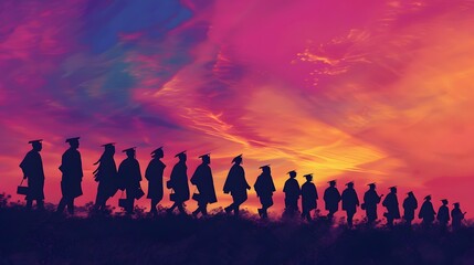Obraz premium Silhouettes of students with graduate caps in a row on panoramic sunset background. Graduation ceremony at university web banner. 