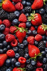 Close-up of mixed fresh strawberries and blueberries