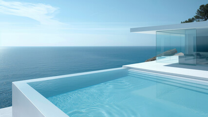 Fototapeta premium Infinity pool overlooking the sea near modern style building