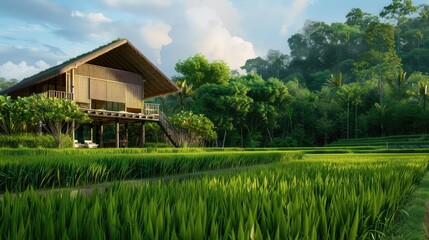 Scenic view of a traditional house amidst lush greenery and rice fields under a bright sky, exuding tranquility and natural beauty.