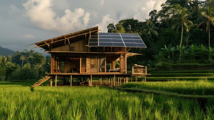 Sustainable bamboo house with solar panels in a lush green rice field, showcasing eco-friendly living and natural surroundings.