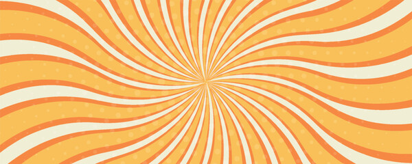 Swirling radial ice cream background. Orange groovy vortex spiral twirl. Twirl sunburst psychedelic pattern. Orange lollipop texture. Swirl candy background. Vector illustration.