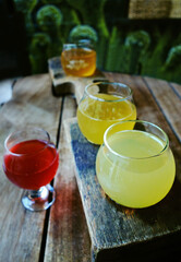 Craft beer flight on the patio of The Wicked Weed Funkatorium , specializing in sour and...
