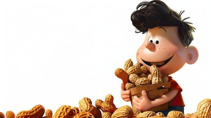 Cheerful 3D cartoon boy holding a basket full of peanuts. The boy is wearing a red shirt and blue jeans. He has brown hair and green eyes.