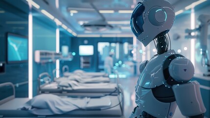 A modern hospital utilizing AI for diagnostics and robotic systems for patient care. The high-tech medical facility features advanced technology, ensuring precise treatment