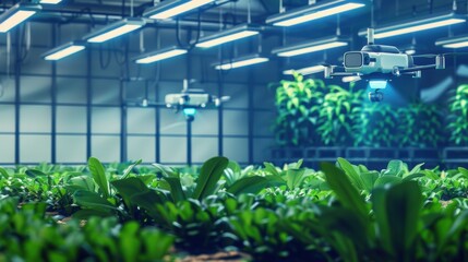 Obraz premium A modern agriculture setup with drones monitoring crop growth in an indoor farm. Advanced technology and precise farming methods are used to ensure optimal plant health 