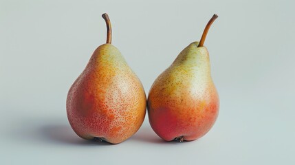 Two ripe pears on a white background. The pears are slightly blushed with red and have a smooth, glossy skin.
