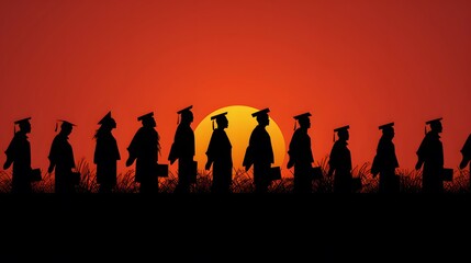 Fototapeta premium Silhouettes of students with graduate caps in a row on panoramic sunset background. Graduation ceremony at university web banner. 