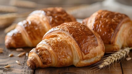 Close-up tasty Freshly Baked Golden Croissants on Wooden Table, home made baked golden croissants.