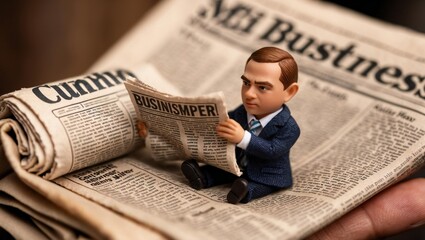 Naklejka premium miniature businessman reading a newspaper