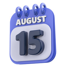 15th August Calendar Icon 3D Render