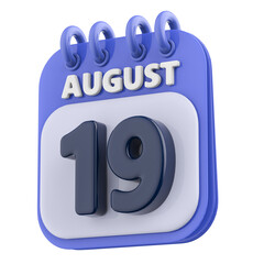 19th August Calendar Icon 3D Render