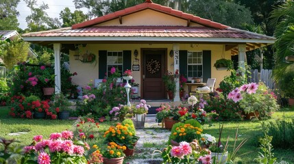 Fototapeta premium Charming small house with a beautiful garden full of colorful flowers, perfect for a serene and picturesque setting.