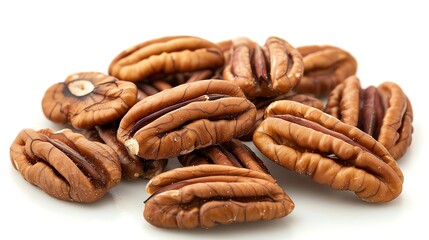 Fototapeta premium A handful of pecan nuts isolated on a white background. The nuts are brown and have a wrinkled texture.