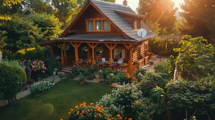Fototapeta premium Charming wooden cabin with a lush garden, bathed in warm sunlight, offering a serene and picturesque countryside retreat.