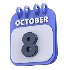 8th October Calendar Icon 3D Render