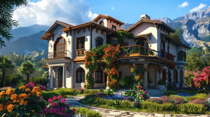 Luxurious Mediterranean villa surrounded by lush gardens and mountain views, perfect for a serene escape from city life.