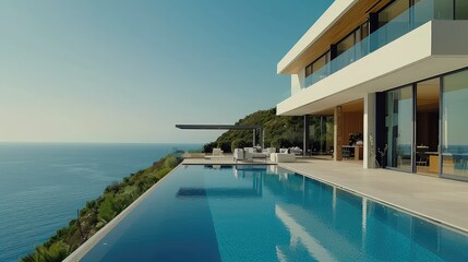 Fototapeta premium Luxurious modern villa with infinity pool overlooking the ocean. Contemporary architecture, ocean view, and serene setting perfect for relaxation.