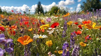 A close-up photograph of a vibrant garden, where wildflowers grow in a seemingly untamed and carefree manner. 