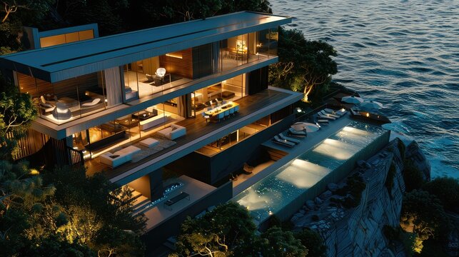 Luxury modern villa at sunset overlooking the ocean with infinity pool, featuring elegant architecture and breathtaking view of the sea.