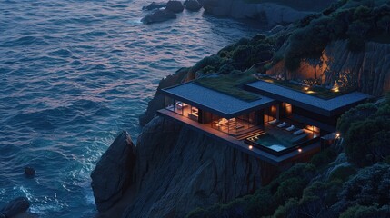 Modern cliffside villa overlooking the ocean at dusk, showcasing contemporary architecture with stunning coastal views and elegant design.