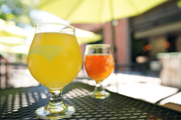 Craft beer on the patio at Bond Brothers brewery in downtown Cary, North Carolina