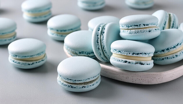 Close up blue macarons cakes. Delicious bakery fluffy product. French pastry. Culinary and cooking