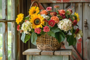 Rustic flower arrangement with sunflowers, roses, and hydrangeas in a wicker basket.