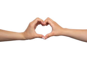 Child and mother making a heart with their hands. The gesture is isolated on a white background with copy space. The concept of love, mutual understanding, kindness, trust in parent-child relationship