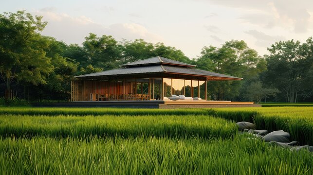 Modern wooden house with large windows surrounded by green fields and trees, blending nature with contemporary architecture.