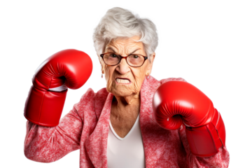 Angry old woman in red boxing gloves on a transparent background