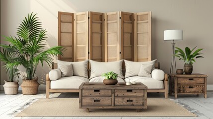 Light living room with folding screen, comfortable sofa, coffee table and chest of drawers --ar 16:9 Job ID: 101deb5c-5a84-441d-a354-a3cd87cb7b96