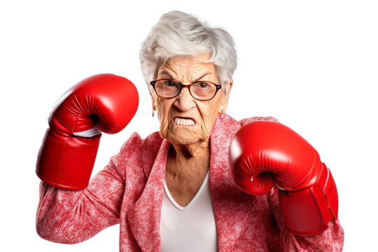 Angry old woman in red boxing gloves on a transparent background