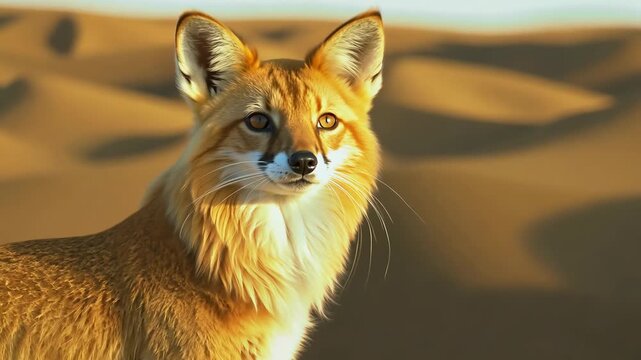 amera tilts from the side to focus on the fox, highlighting its serious expression. The background blurs, emphasizing the fox's features, while natural light and sidelights create balanced illuminatio