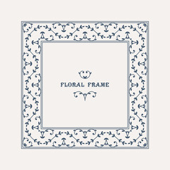 Retro square frame with traditional floral ornament. Filigree geometric design elements and ornamental page decoration